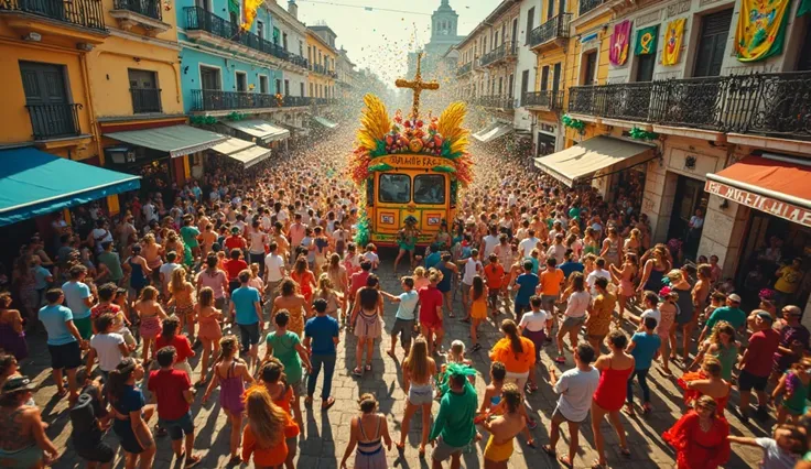 Create a vibrant and lively aerial scene, showing a lively crowd enjoying the Carnival during the day. The image should be captured from a high angle, as if seen from a drone or from a high point, highlighting the magnitude and energy of the party. The squ...