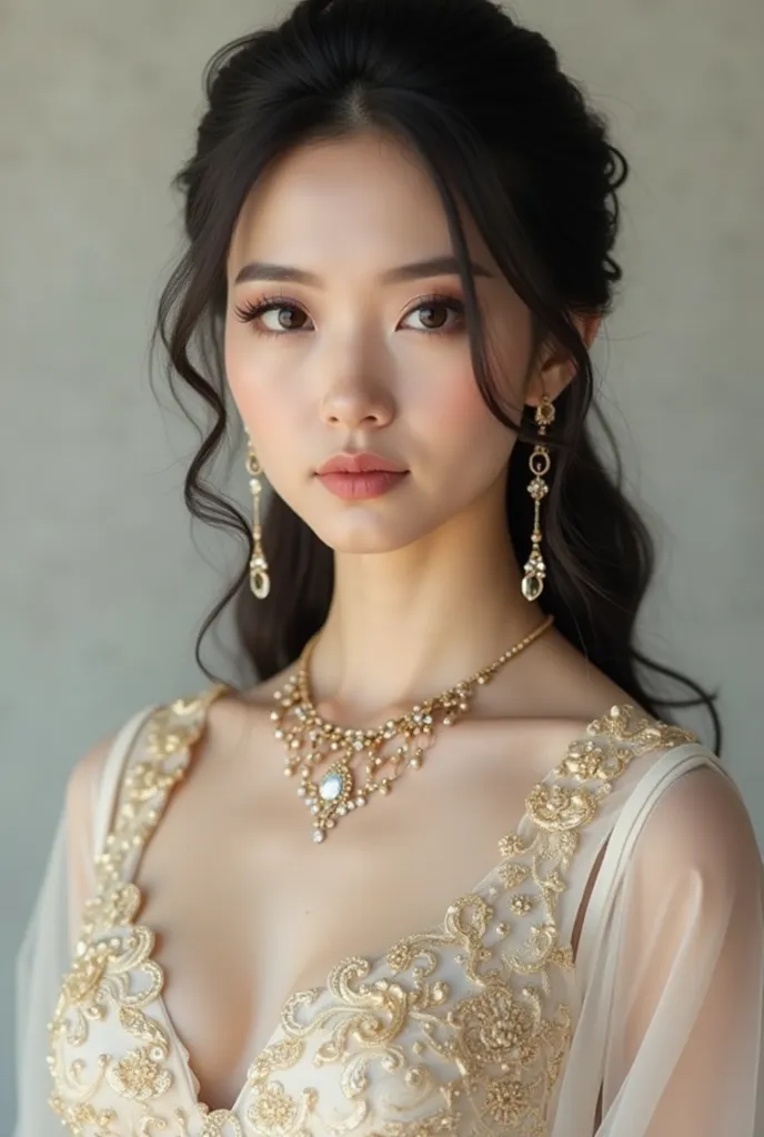 An Award Winning Portrait of a confident beautiful Asian woman with long black hair wavy hair updo,dressed in a beautiful white gold layered dress, big breasts,  big boobs, busty, cat eye make-up,  beautiful eyes and face, intricate earrings, and layered n...