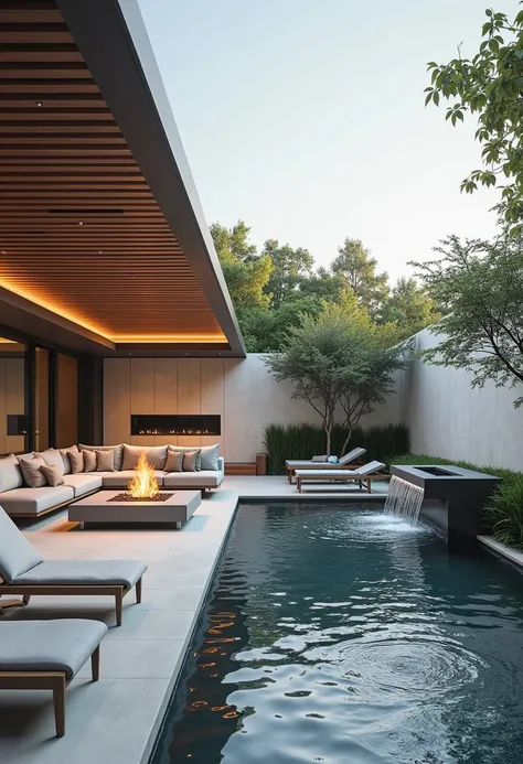 The image presents a sophisticated and modern outdoor space. There is an "l" with light gray cushions, organized around a central fireplace with an open flame, creating a welcoming environment. Left, there is a covered area with a wooden ceiling in slats a...