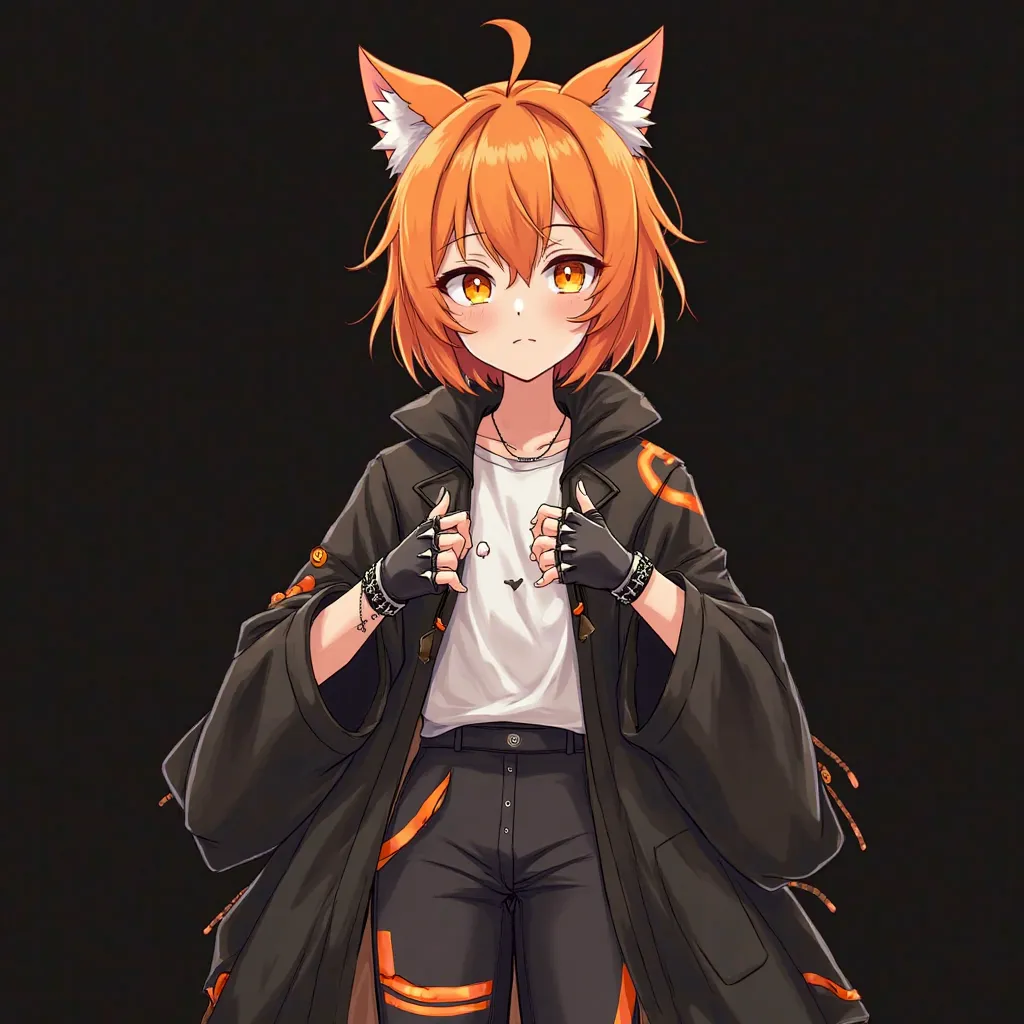  A Girl,  orange cat ears , orange cat tattoo on the face, black coat with orange details,  white shirt underneath, black fingerless gloves with metallic thorns, dark pants with orange details combining, determined orange eyes, black mark between the eyes,...