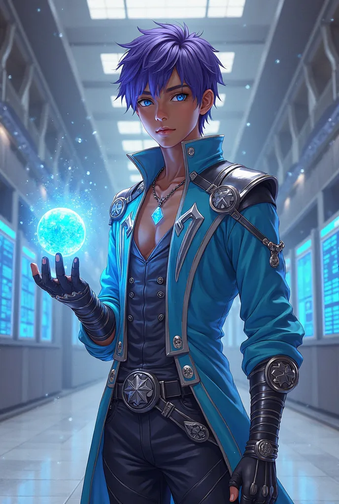 a young 18-year-old prince with radiant black skin, short violet hair and bright blue eyes. He wears a sky blue tunic with silver details and gold embroidery, a reinforced leather vest with blue LED lighting, tight dark fabric pants with silver details, an...