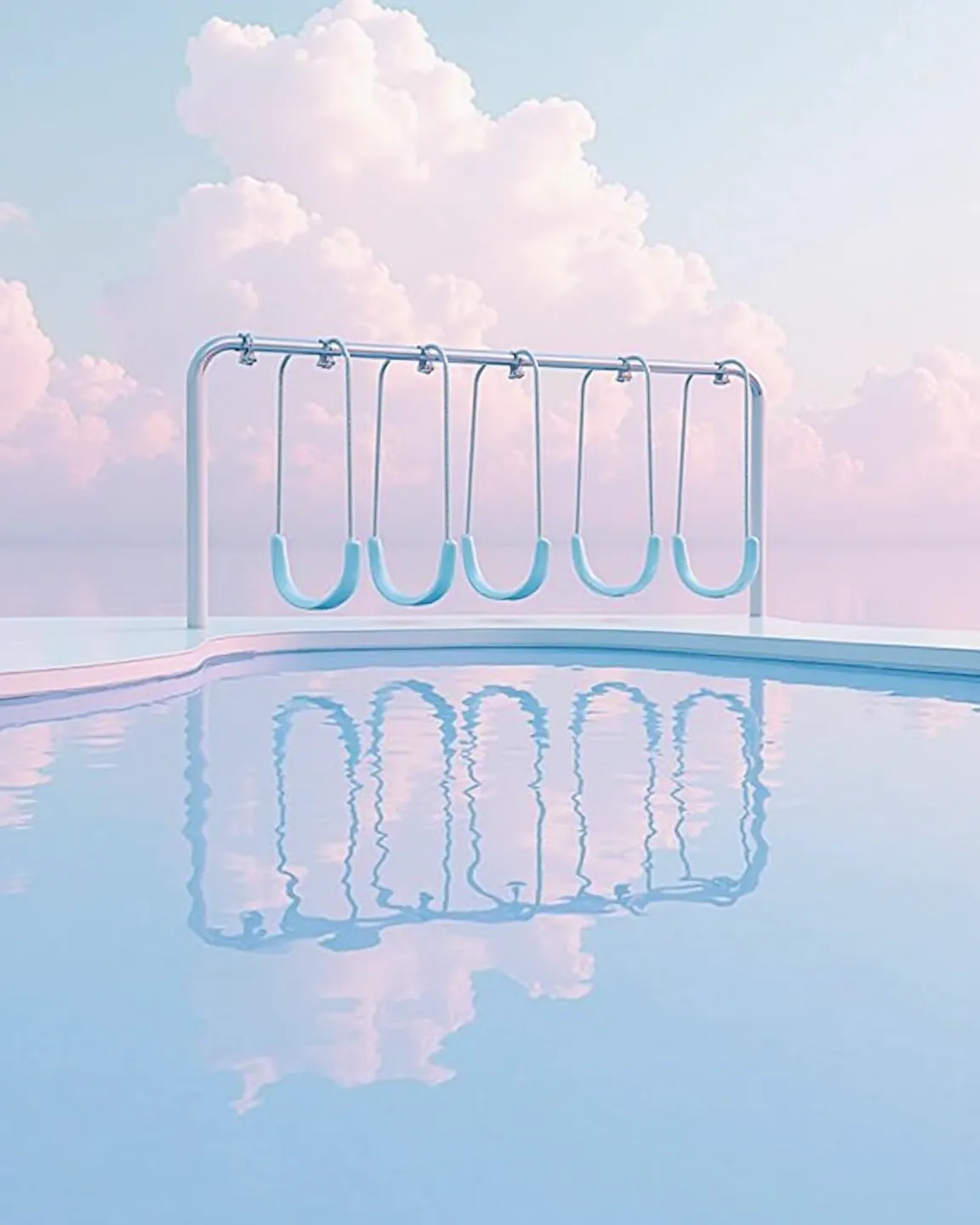 The image shows a set of four swings suspended over a calm pool of water. They are attached to a horizontal metal bar by thin chains hanging from a structure that extends beyond the frame. The swings have a minimalist design, with curved seats in a light b...