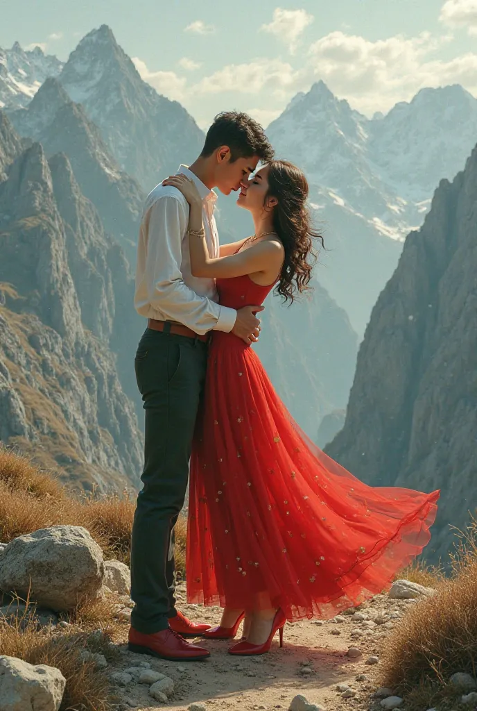 boy kisses girl. The boy is wearing a red-oriented dress with red high heels. The girl is wearing an olive green dress and olive green high heels. You are in the mountains.