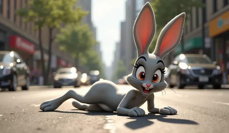 Gray tall thin-waisted mother rabbit had a car accident on the street during the day and fell and fainted disney graphics 4k apply