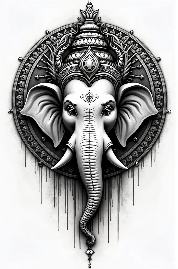 Black and white Ganesha head design with half of a mandala on top and bottom in the foot