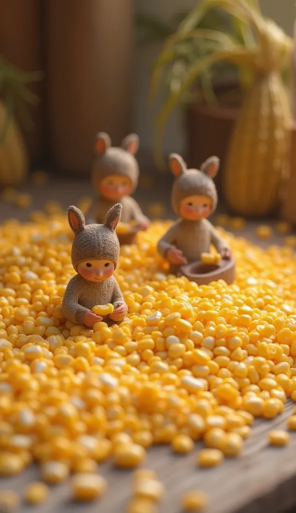 Miniature people sorting corn kernels