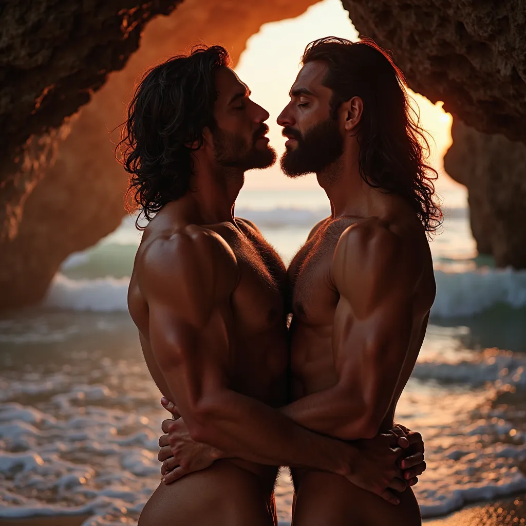 Two handsome men with beards, The two men look at each other with a lot of lust with their eyes closed , her sensually shaped body , inside a cave on the beach with the waves of the sea with orange and red light are visible,  with two tall men , two romant...