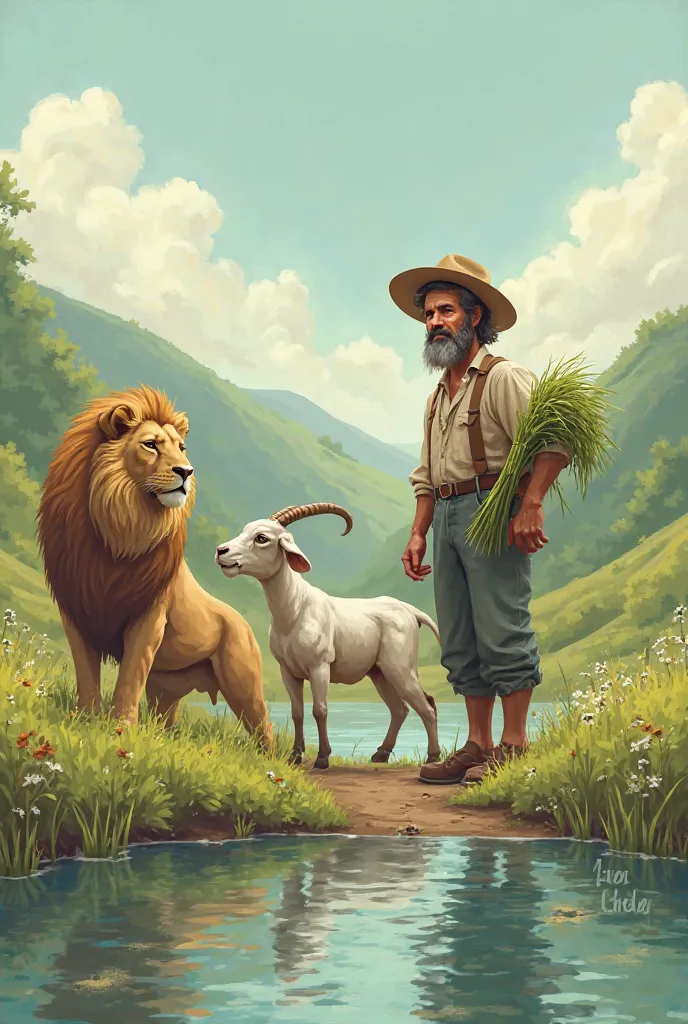 Once upon a time, a farmer standing on the bank of a river with a goat, a bundle of grass and a lion together