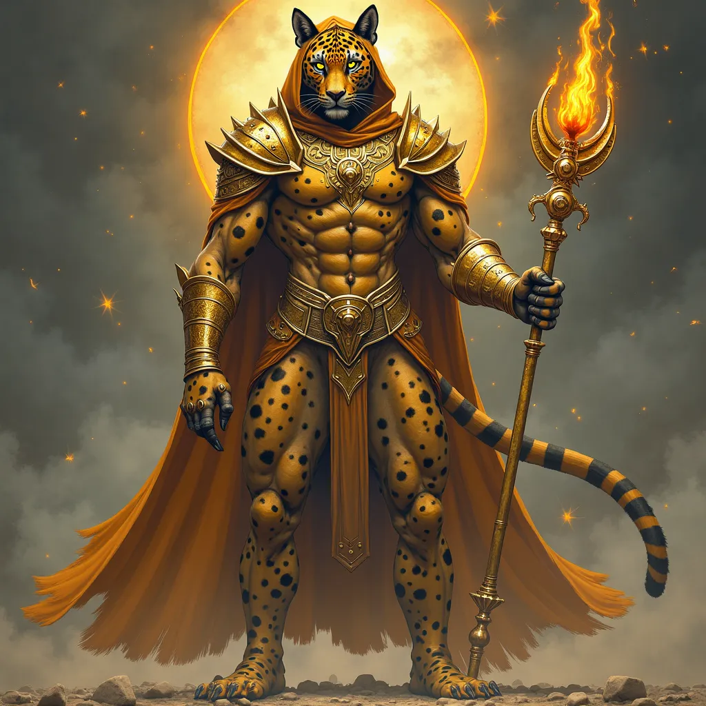 Celestial Cat God. Full spotted fur panther -human male hybrid with v-shaped torso lanky muscular body builder with narrow waist and well rounded buttocks and really long legs and long tail. 7’ tall. Large head A feline leapard nose and mouth. large neon t...