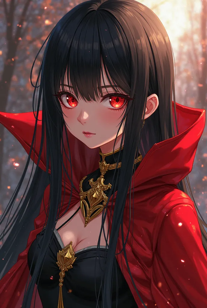 Generame a girl with long straight black hair, ripped red eyes with a red cape and a gold collar, of anime , not-so-realistic anime 