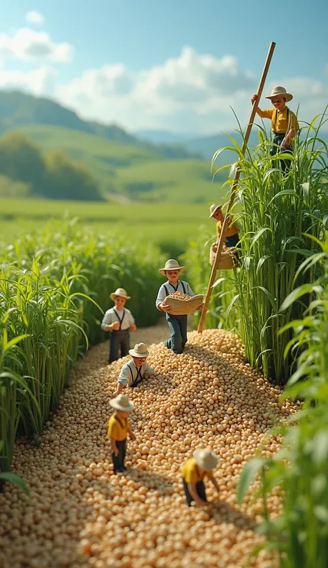 In an enormous lentil field, miniature workers are busy collecting oversized lentil grains. The lentils appear gigantic compared to their tiny bodies. Some workers fill small sacks, while others climb ladders to cut towering lentil plants. The environment ...