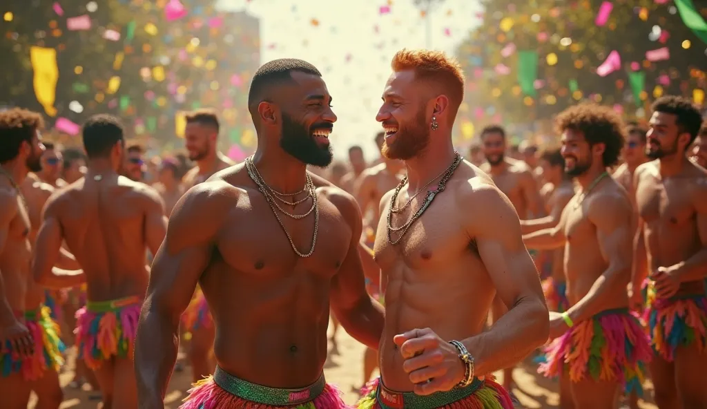 Create a vibrant and energetic scene of a mulatto man and a red-haired man, both with muscular and athletic bodies, dancing and smiling together during Carnival. The mulatto man has medium skin tone, shaved hair and a happy and contagious facial expression...