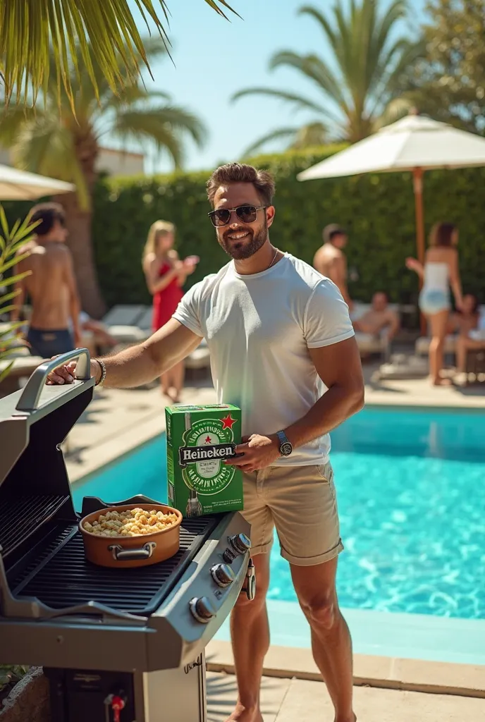 A photo of a pool party with a man next to a grill with a Heineken beer box