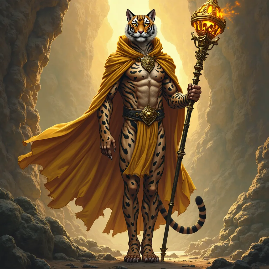 Celestial Cat God. Full spotted fur panther -human male hybrid with v-shaped torso lanky muscular body builder with narrow waist and well rounded buttocks and really long legs and long tail. 7’ tall. Large head A feline leapard nose and mouth. large neon t...