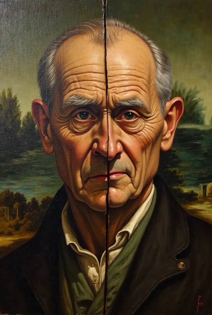 A classic portrait of an elderly man with an enigmatic expression, painted in a Renaissance style similar to the Mona Lisa. His face appears to change depending on the viewing angle, creating a fascinating optical illusion: from one side, he looks young, a...