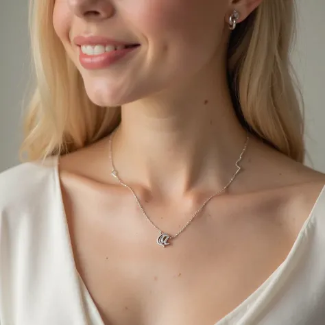 Create a necklace around the neck of a blonde woman, focusing on her neck. The color has the letters "LA" intertwined on a small silver pendant.