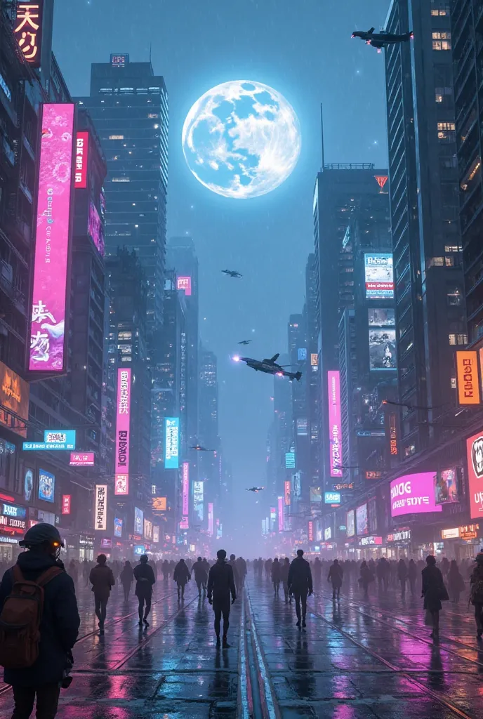 A breathtaking cyberpunk cityscape at night, illuminated by neon lights in shades of blue, purple, and pink. Towering skyscrapers with holographic billboards fill the skyline, while flying cars zip through the air. The streets below are bustling with futur...