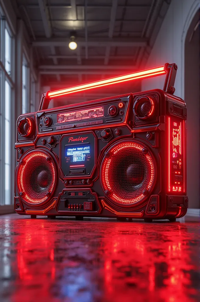 Realistic neon red boom box 