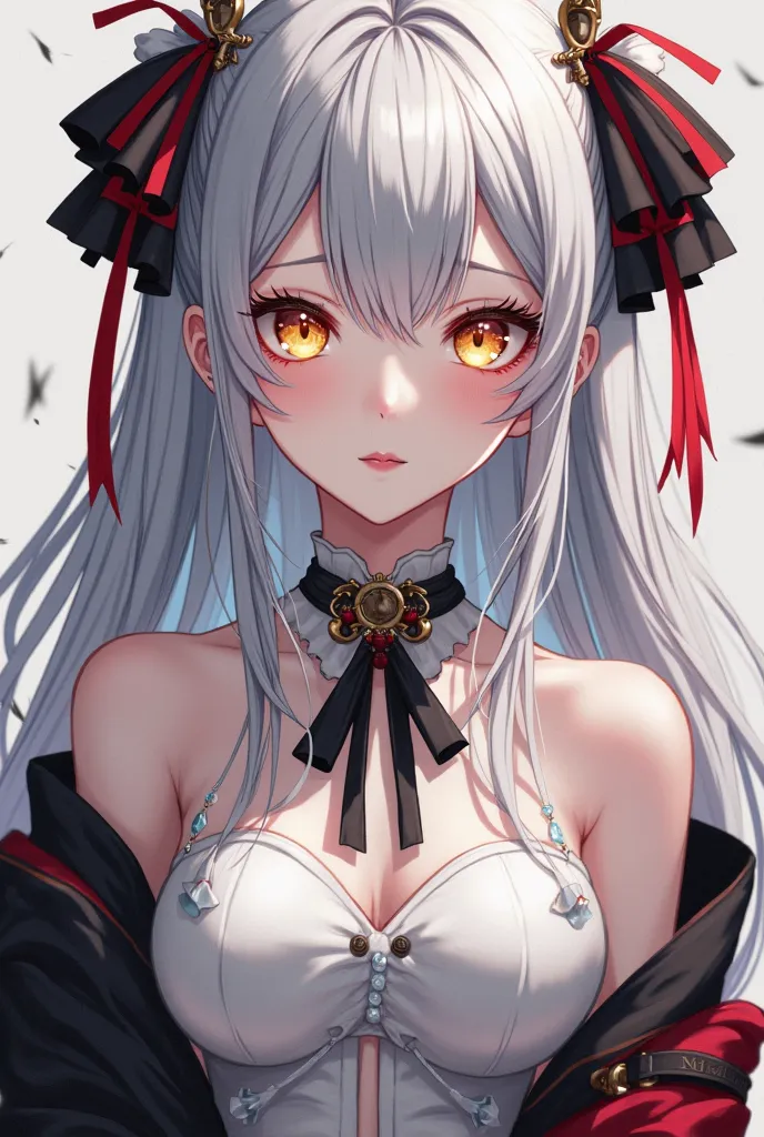 An anime ,  silver hair,  your eyes are golden, your skin is pale, chic white dress, black and red.
