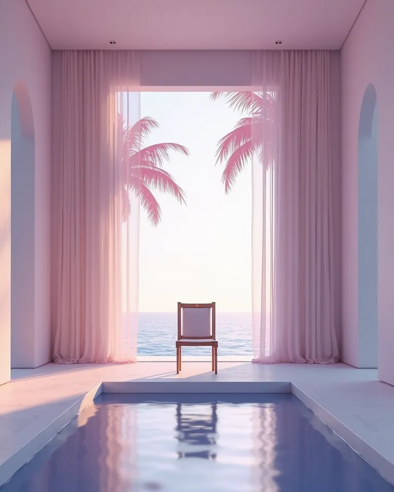 The image depicts an open room with a minimalist design and pastel tones that evoke tranquility. The space has three walls and a ceiling, but instead of a fourth wall, there is a large opening leading to a serene ocean and a sky with a gradient of pink and...