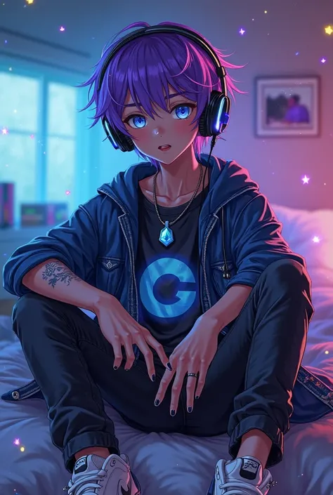 a young 18-year-old streamer with radiant black skin, short violet hair and bright blue eyes. He wears an oversized black t-shirt with blue and purple prints, a dark blue denim jacket with silver details, black skinny pants with silver details, and white s...