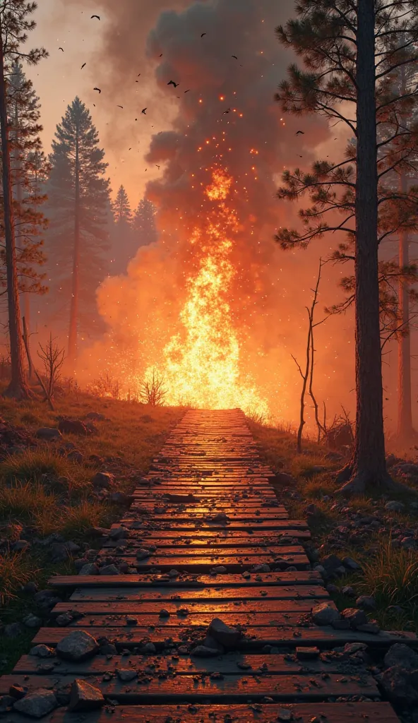 A highly detailed 3D-style scene of a wooden road completely destroyed by the explosion of a giant rocket. The once-solid wooden planks are shattered and splintered, with large chunks of wood scattered across the ground. Flames engulf the remains of the ro...