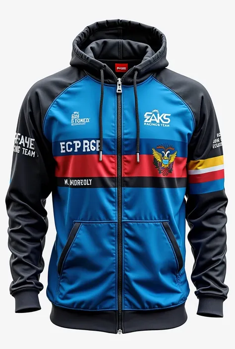 Make a design of a zipped sports sweater, on the back the flag of Ecuador with the name “EAGLE RACING TEAM” and below M.KAROLYS , the design of the front part that says the name “EAGLE RACING TEAM” and on the upper right side M.KAROLYS, On the sleeves smal...