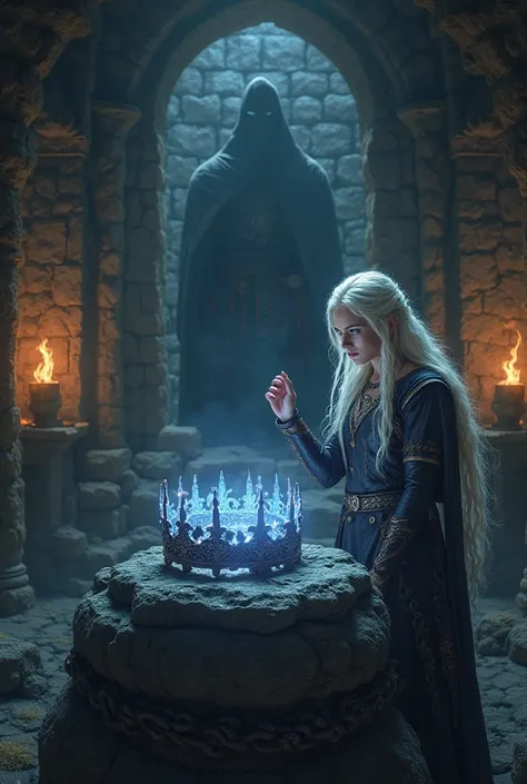 A dramatic and mystical scene of Freya discovering an ancient, glowing crown in a hidden underground chamber. The chamber is vast, with stone walls covered in mysterious runes and flickering torchlight casting long shadows. The crown rests on a pedestal of...