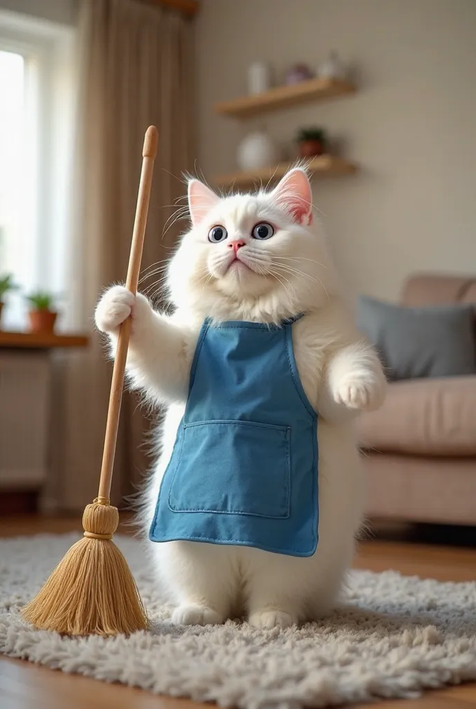 A fluffy-looking white furry cat,  with white fur , wearing a blue apron while holding a broom. 

The setting is a cozy living room, well-lit, with wooden furniture and neutral tones that reinforce the feeling of a comfortable home.


The cat dressed in an...