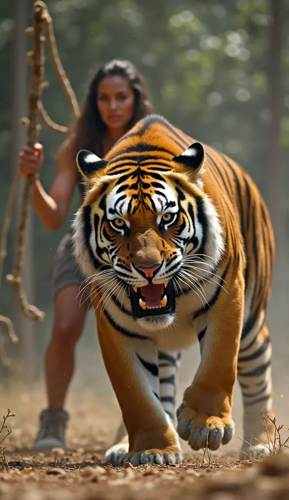 "The mother grips a strong wooden stick in her hands and swings it with all her strength toward the tiger’s eyes. The tiger flinches, stepping back in shock and fear. Its paws press against the ground, preparing to flee."