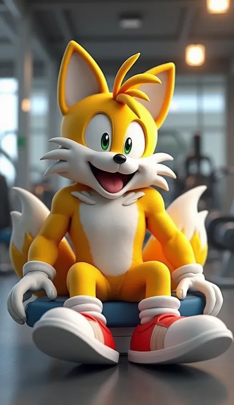 Sonic's yellow friend at the gym is muscular sitting on the bench,  Laughing