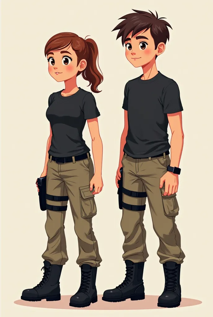 boy with short hair dressed in khaki tactical pants, black t-shirt round neck short sleeve and black tactical boots y niña con cabello recogido en moño vestida de pantalón táctico caqui, black t-shirt round neck short sleeve and black tactical boots, stand...