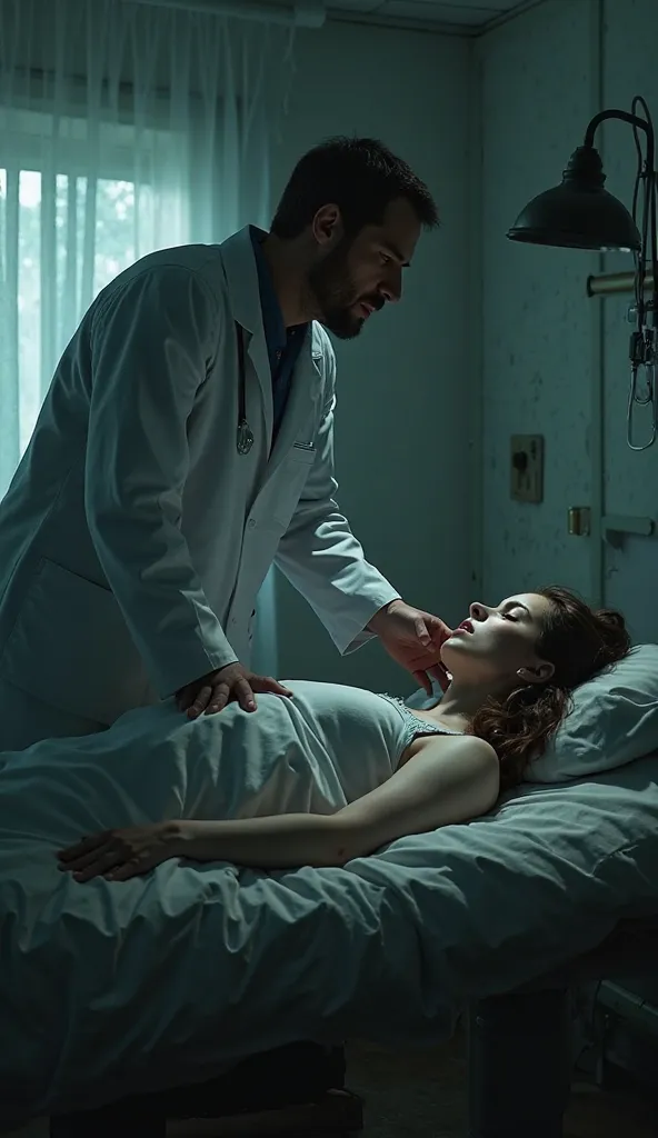 doctor checking up on a patient woman in night with eerie background and dimly lit room