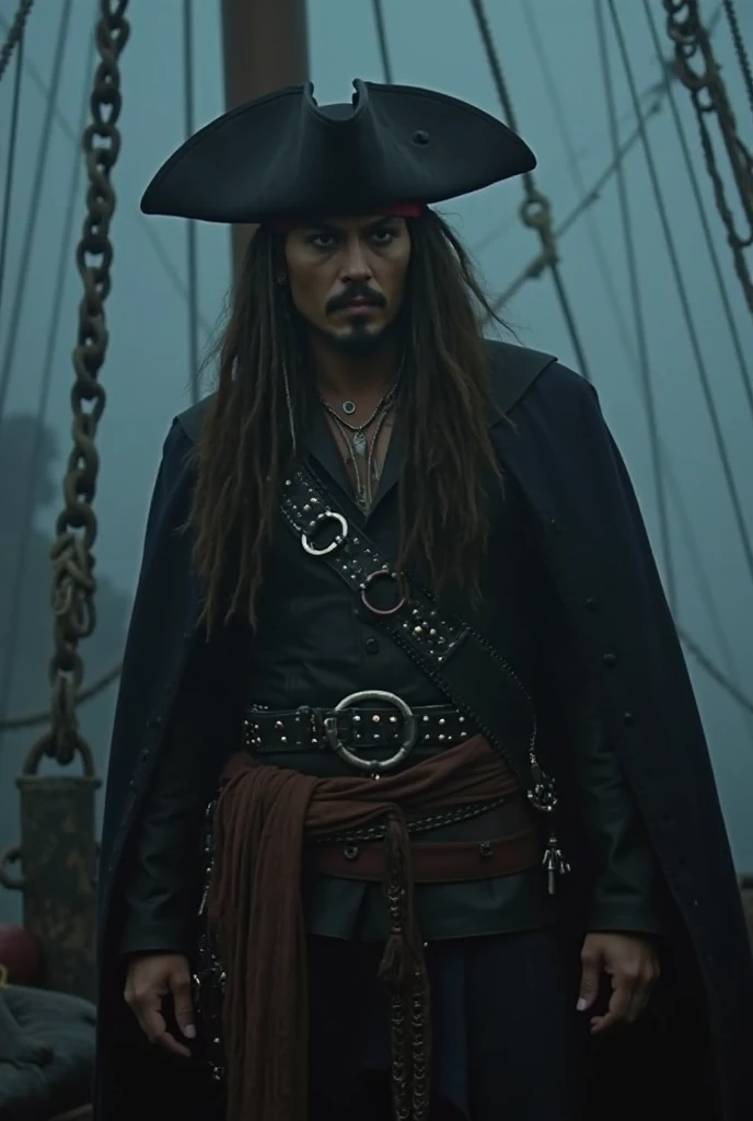 dvd cloth capture, of a dark fantasy movie from 1982, Excalibur, featuring Johnny Depp. Are you dressing like Captain Jack Sparrow, normally in the setting of a ship at night in fog. The scene is Atmos