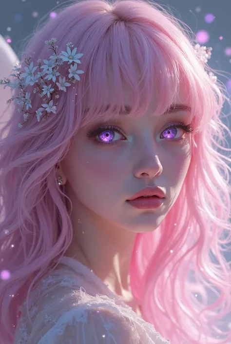 Rangrarii artsytle,  woman with long hair, wavy with pale pink bangs, purple eyes, of angelic and ethereal beauty