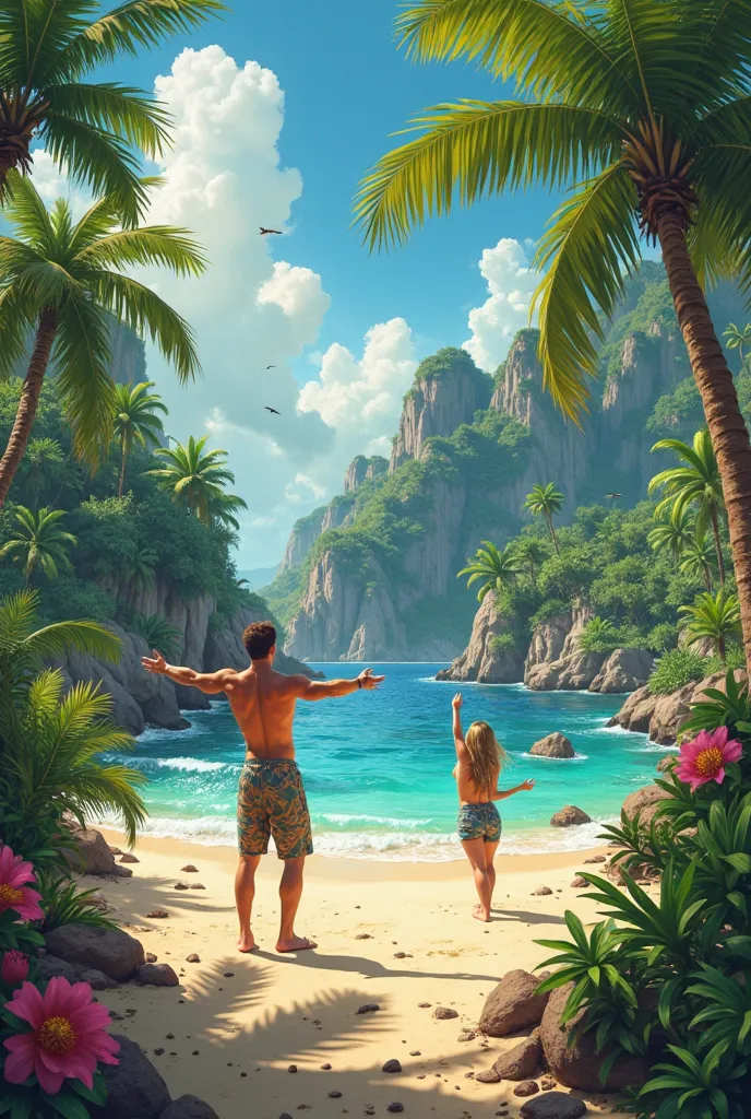 tropical games, detailed tropical paradise, lush foliage,exotic wildlife,vibrant colors,idyllic beach,crystal clear water,golden sand,adventure activities,competitive sports,athletic competitors,dynamic poses,intense expressions,4K,high resolution,ultra-de...