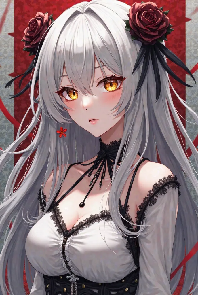 An anime ,  silver hair,  your eyes are golden, your skin is pale, chic white dress, black and red.
