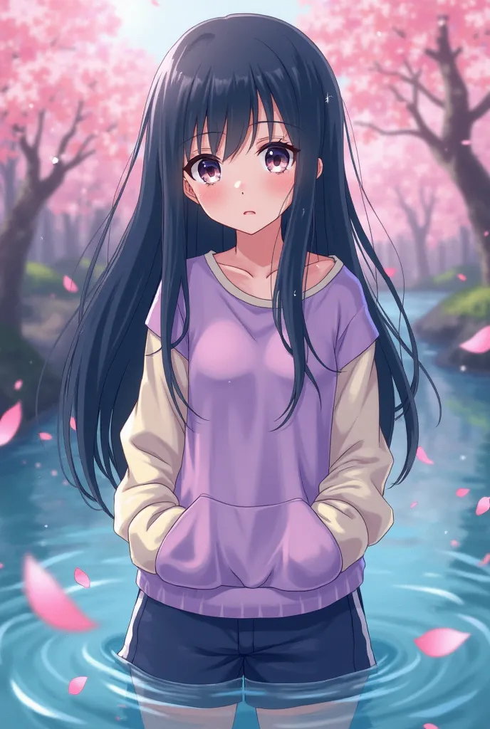 A young woman with long dark blue hair and pearly eyes, wearing a lilac and cream sweatshirt with dark blue pants. She has a kind and determined expression, with cherry blossom petals falling around her. His eyes glow softly, demonstrating his special abil...