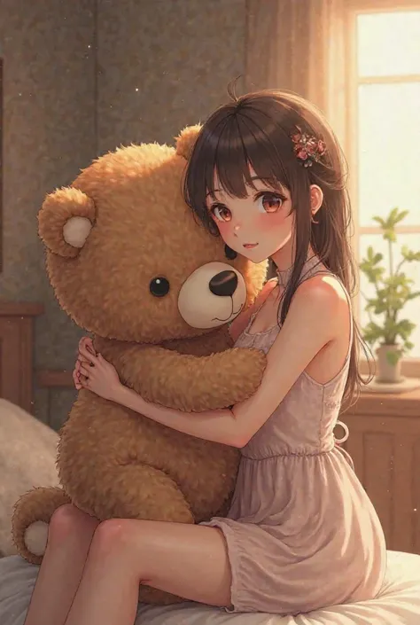 An adult anime girl has a big teddy