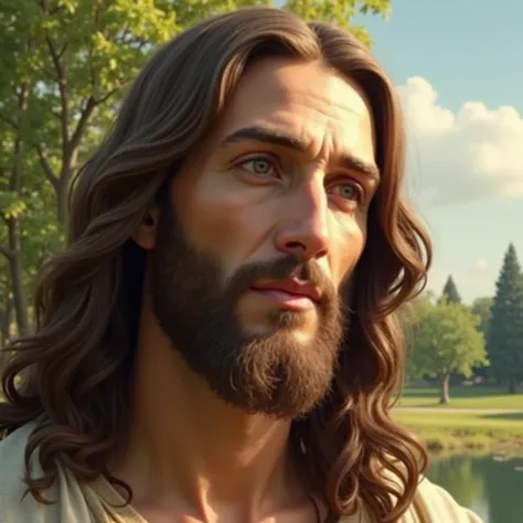 A close-up of the face of Jesus Christ, with long brown hair, a gentle beard, and light skin. His expression is serene and compassionate, radiating peace. The lighting is soft and balanced, highlighting the details of his features, with a subtle glow aroun...