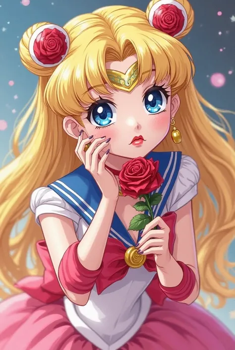 an image of Sailor Moon with yellow hair colored blue eyes with red lips with long eyelashes with red roses in her hand and with full body black nail color wearing a pink princess dress with a neckline on her breasts big breasts 