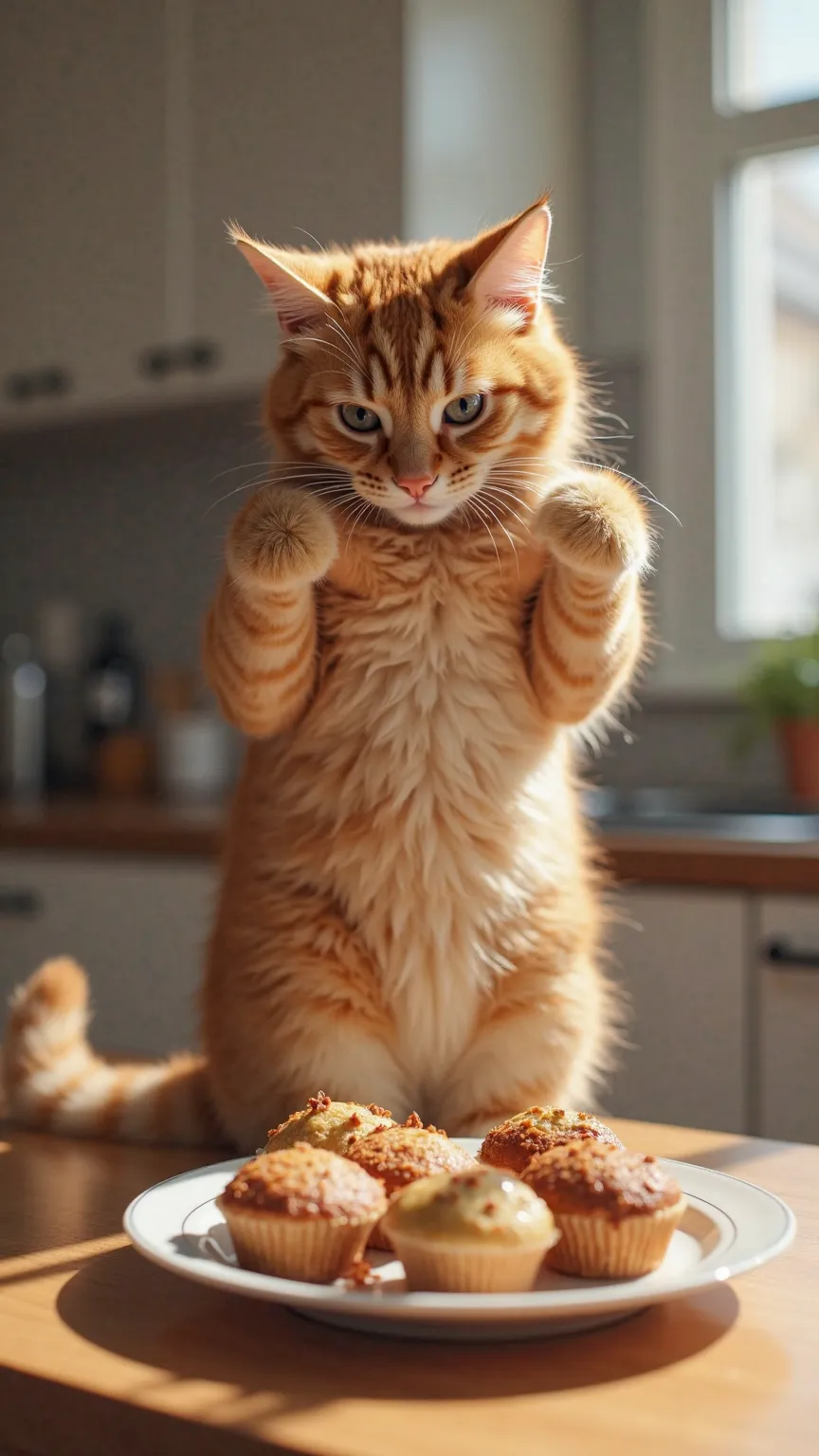  "The orange tabby cat helps the baby by placing its paws on the baby’s shoulders, lifting the  onto its back. The cat stands tall, supporting the baby as they both reach for the plate of muffins on the kitchen counter."