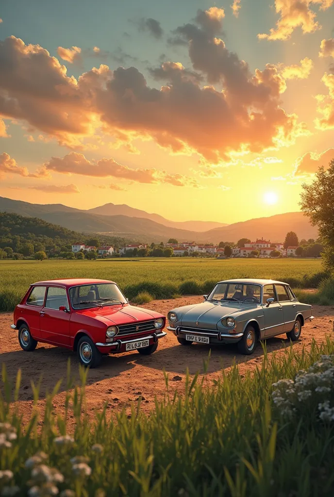 
Make a red Seat Ibiza car and a gray Citröen in a dirt field, side by side facing the green field and with a sunset. In Massanet de la Selva. 