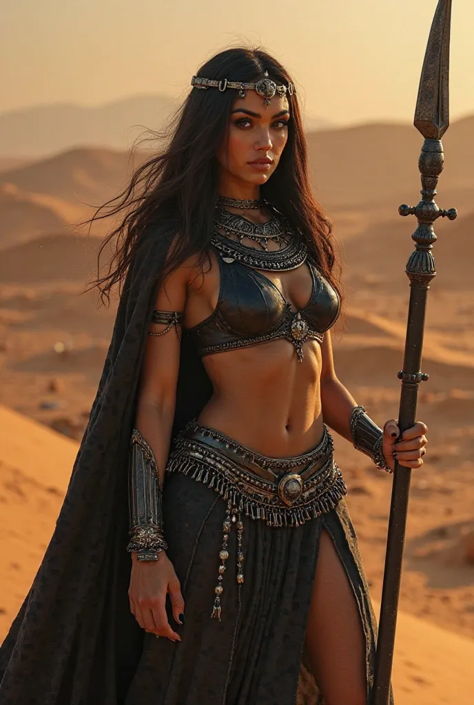 8k, Egyptian female warrior, super beautiful (like the real thing), black chain mail, luxury black pants, big, long black halberd, black shoulder arm, black cloak, Black leg arm or, masterpiece,
Photorealistic RAW photos of the highest quality. bright colo...