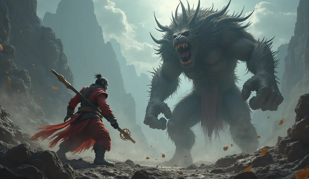 a powerful, imposing sun wukong monkey king, holding a staff, fierce battle pose, fighting a massive, grotesque, formidable boss creature,dramatic, dark fantasy landscape, dramatic lighting, moody atmosphere,intricate details,4K,high quality,photorealistic...