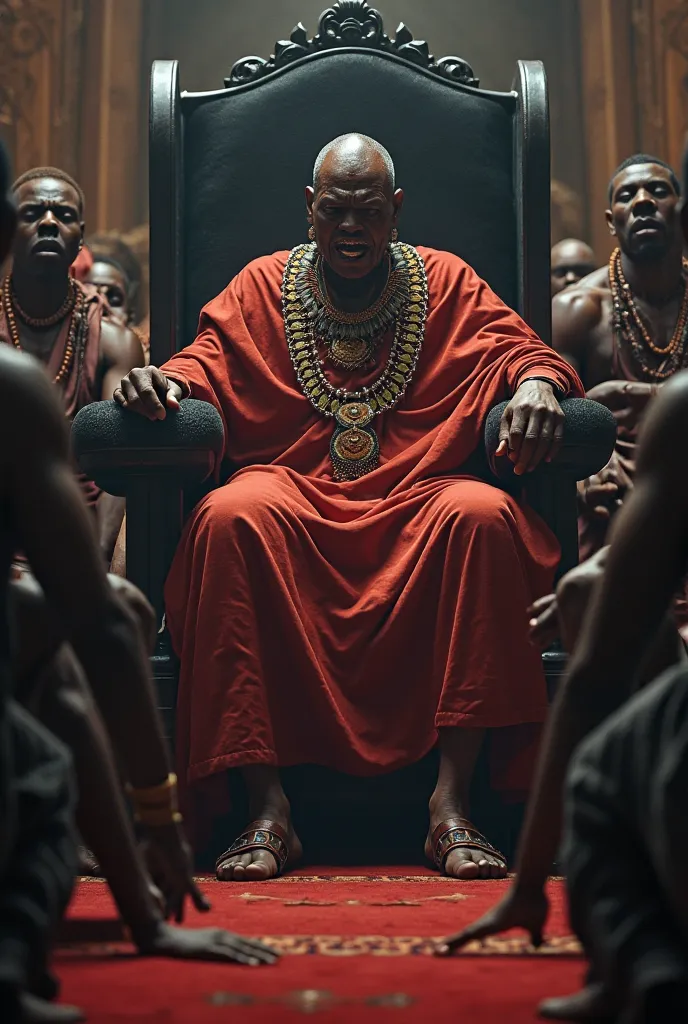 When their secret affair is discovered, The boss's anger is terrible ( Maasai  ) 

The leader on his black throne very angry at several {10}People surrounded by him not in a jacket.. 

En habillement Maasai  son visage doit montre delà rage 