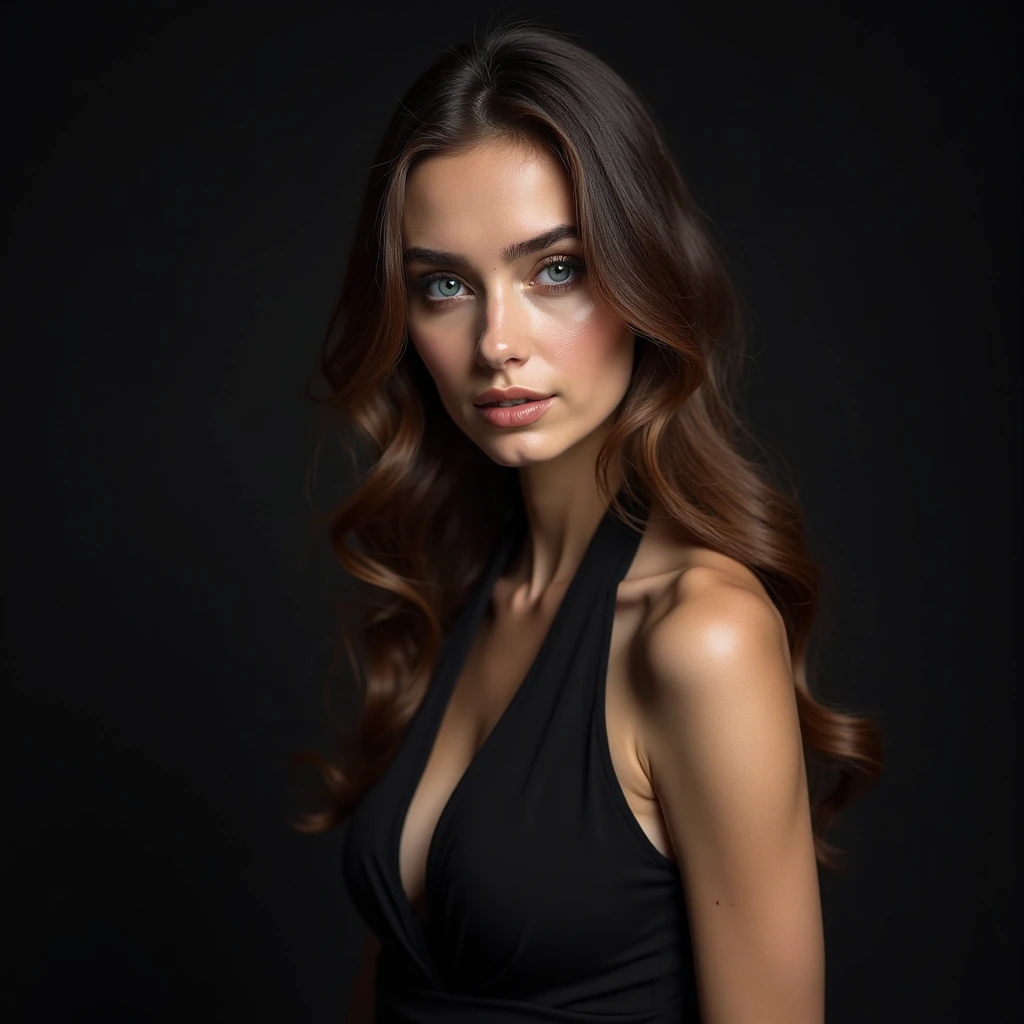 Create for me a photo of a beautiful, Egyptian, attractive girl who is eye-catching with blue eyes, wearing a luxurious elegant an precious black dress, modern clothes, white skin, and very soft hair, fixed including her shine with main cinematography, lux...