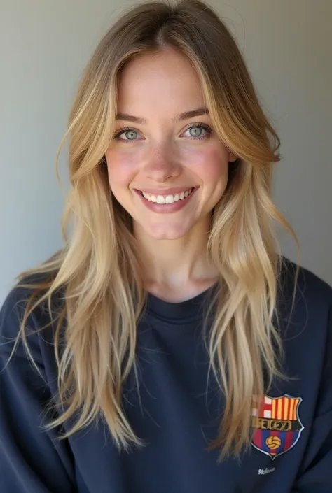 Natural blonde and straight hair, big green eyes, full lips, small nose, thin waist, cheerful personality, 19 years old, navy blue sweatshirt, a rea real woman, symmetrical facial features, Messi supporter, white skin