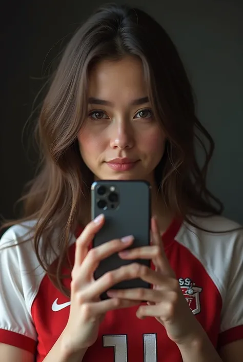  Create a profile picture for WhatsApp , A brunette girl wearing a team jersey covering her face with flesh from her cell phone camera