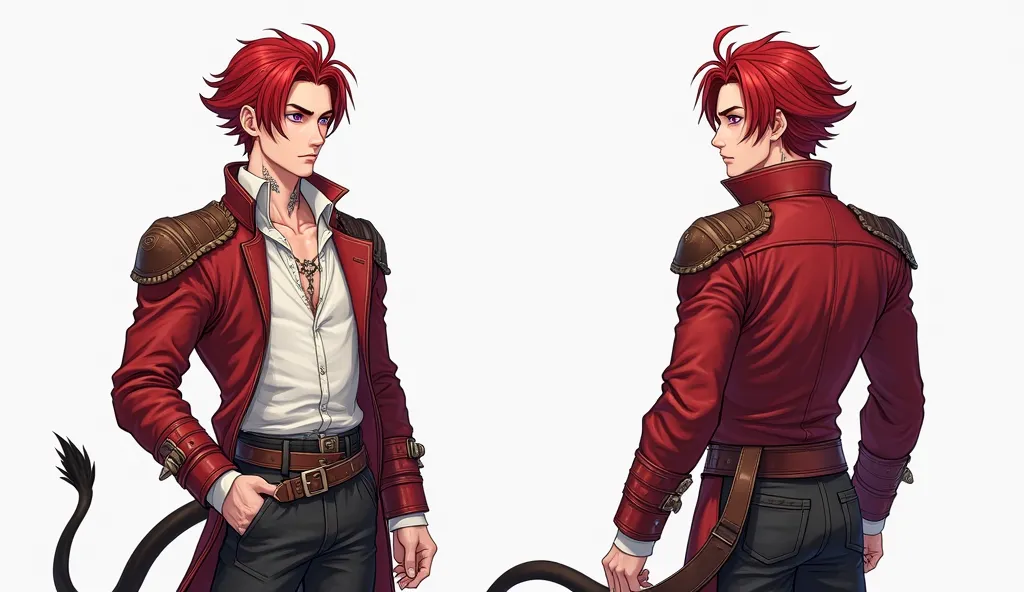 model sheet.
male medieval fantasy character.
characteristics: medium height, red hair, purple eyes, black tail, white shirt, with red leather jacket, no wrist and hand on the left side of the body, with a straight line tattoo around the neck
front flat vi...